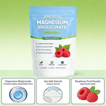 Spnutrition Magnesium Bisglycinate Gummies with 400mg Magnesium Bisglycinate Chelate,Sea Salt,Raspberry Fruit Powder,Improve Sleep,Vegan,Non-GMO,Daily Mineral Support,60 Count