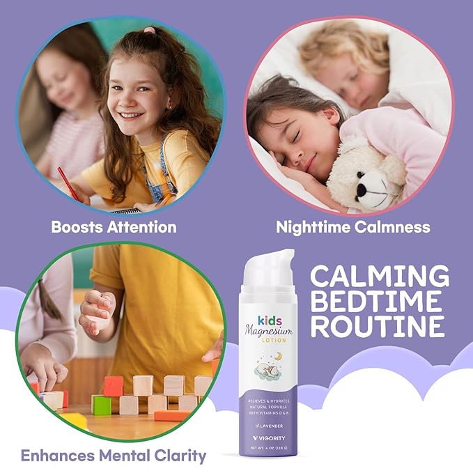Vigority Magnesium Lotion for Kids & Babies Sleep - Bedtime Calming Body Cream with Natural Ingredients & Multi Vitamins - Topical Magnesium Soothing Relief, Promotes Relaxation (8 fl oz, Lavender)