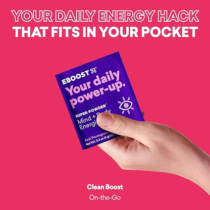 EBOOST SUPER POWDER Drink Mix - Acai Pomegranate 0.2 oz 20 Pack Hydration Energizer Electrolytes Powder - 13 Vitamins & Minerals - 110 mg Caffeine - 0 Added Sugar - No Artificial Flavors or Sweeteners