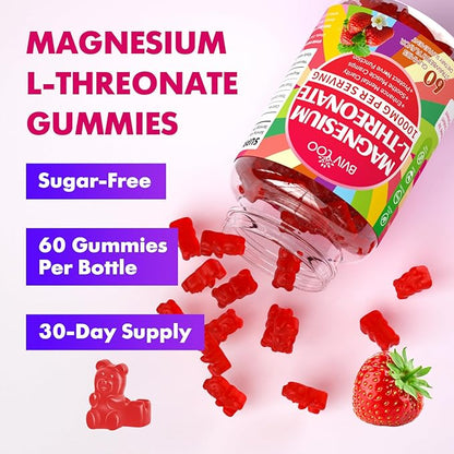1000mg Magnesium L-Threonate Gummies for Kids & Adults - Muscle & Nervous System Support, Vegan, Sugar-Free Strawberry Flavor, 120 Gummies
