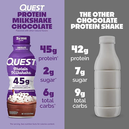 Quest Nutrition Chocolate Protein Shake,45g Protein,2g Sugar,4g Net Carbs,Ready to Drink,Gluten Free,(Pack of 24)