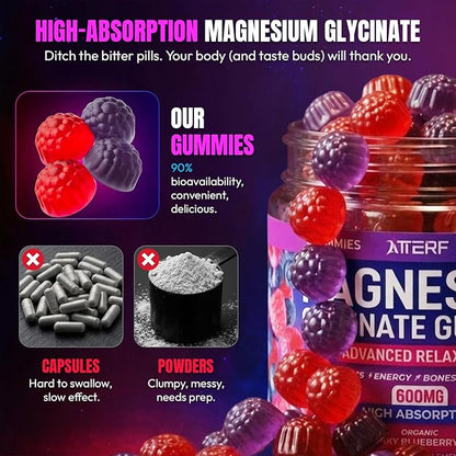 Magnesium Glycinate Gummies 600mg, [2-in-1 Dual Flavor Mix] - Sugar-Free, High Absorption Magnesium Supplement for Adults, Muscle Support and Relaxation, Vegan & Non-GMO