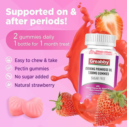Evening Primrose Oil Gummies 1300mg with Black Cohosh & Vitamin B6, Sugar-Free, PMS Relief Supplements for Women 20-45, Chewable PMS Gummies, Strawberry Flavor, Vegan, Pectin, 60 Count