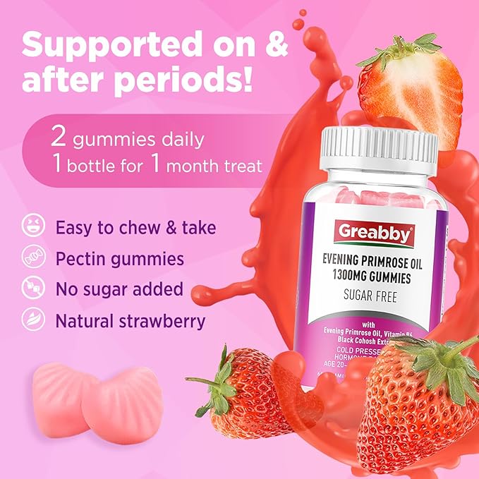 Evening Primrose Oil Gummies 1300mg with Black Cohosh & Vitamin B6, Sugar-Free, PMS Relief Supplements for Women 20-45, Chewable PMS Gummies, Strawberry Flavor, Vegan, Pectin, 120 Count