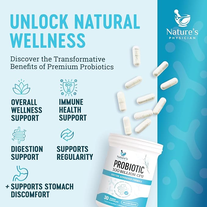 Nature's Physician Probiotics - 100 Billion CFU Per Capsule - 16 Strains + Prebiotics - Best Probiotic Supplement for Women & Men - Supports Immune, Digestive Health, Constipation & Gas - 30 Capsules