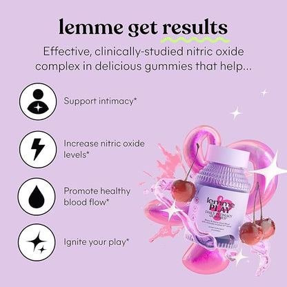 Lemme Play Daily Intimacy Gummies for Women and Men w/Clinically-Studied S7 Nitric Oxide Complex for Healthy Blood Flow, Maca Root, Goat Weed - Cherry Flavored (60 Count)
