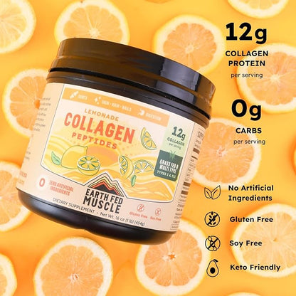 Earth Fed Muscle Lemonade Collagen Powder – Grass Fed Hydrolyzed Collagen for Women & Men - Healthy Bones, Skin & Hair - Types 1 & 3 Collagen Powder, 12g Per Serving, 33 Servings