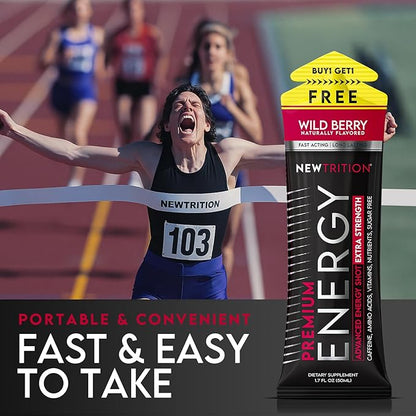 NewTrition® Extra Strength Energy Shots, 1.7 fl oz - 250mg Caffeine with Vitamin B & Amino Acids, Sugar-Free, Zero Calorie Vitamin Energy Drink for Focus & Endurance (Pack of 6, Wild Berry)