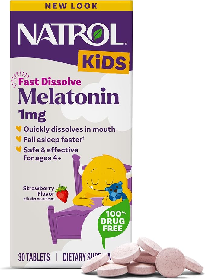 Natrol Kids Fast Dissolve Melatonin 1 mg, Dietary Supplement for Restful Sleep, Sleep Tablets for Kids, 30 Strawberry-Flavored Melatonin Tablets, 30 Day Supply