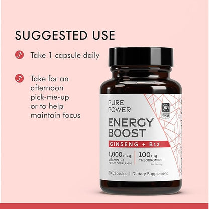 Dr. Mercola Pure Power Energy Boost, 30 Servings (30 Capsules), Ginseng + B12, Dietary Supplement, Boosts Physical & Mental Energy, Non-GMO
