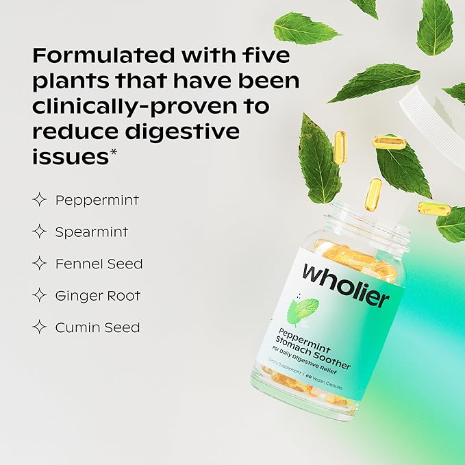 wholier Peppermint Oil, Ginger Root Oil for Bloating Relief, Nausea Relief, Upset Stomach Relief + Gut Health. Daily Herbal Supplement. Peppermint Stomach Soother. (60 Vegan Capsules) Glass Bottle