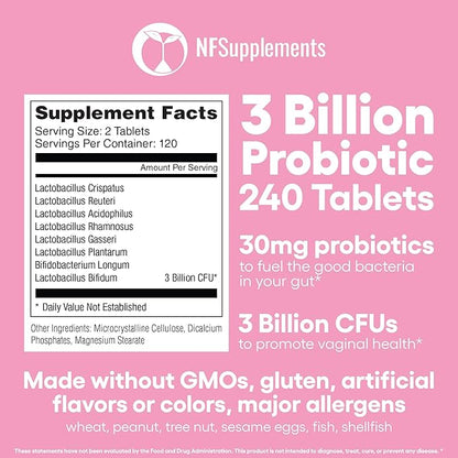 Natural Foundation Supplements Probiotics for Women Supplement Supports Vaginal & Digestive Health 240 Tablets 3 Billion CFU (240, Women's Probiotics)