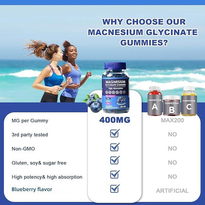 Blueberry Flavor Magnesium Glycinate Gummies 400mg – High Absorption Supplement for Adults and Kids, Sugar Free, Gelatin Free, Vegan Friendly, 60 Day Supply (60, Blueberry)