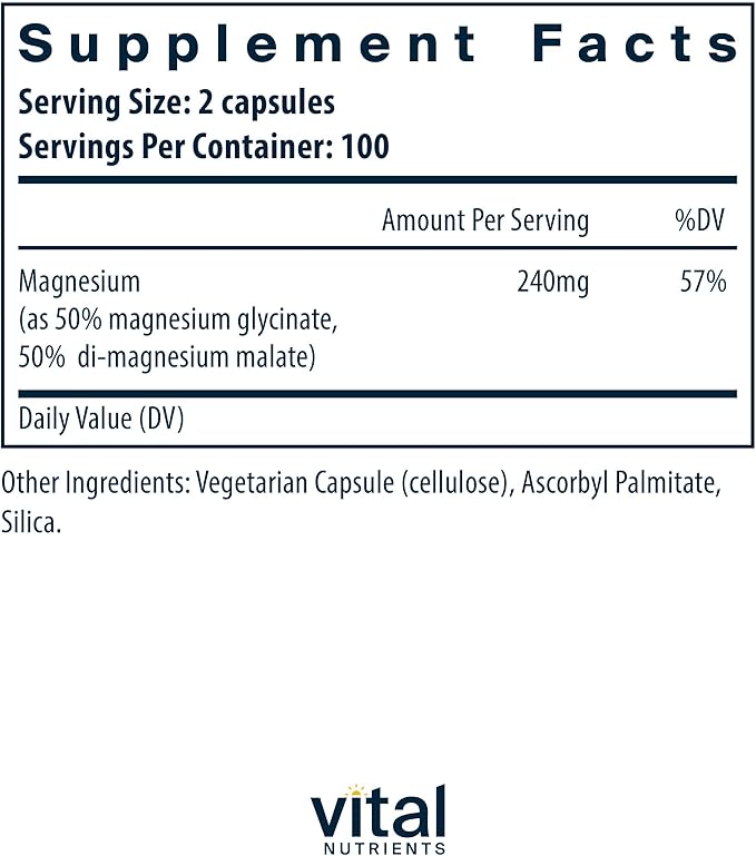 Vital Nutrients Magnesium Glycinate + Malate - 120mg Vegan Magnesium Supplement for Women and Men - Muscle, Heart, Bone Support* - Promotes Relaxation - Gluten, Dairy and Soy Free - 200 Capsules