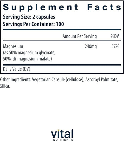 Vital Nutrients Magnesium Glycinate + Malate - 120mg Vegan Magnesium Supplement for Women and Men - Muscle, Heart, Bone Support* - Promotes Relaxation - Gluten, Dairy and Soy Free - 200 Capsules