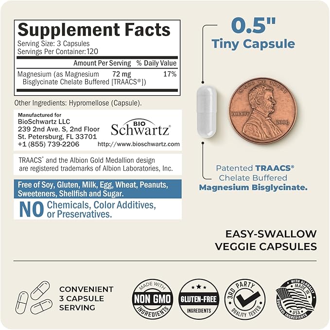Magnesium Bisglycinate Chelated Supplement - High Absorption Magnesium Glycinate Supplement for Women and Men - Sleep, Muscle, Bone & Joint Support - Non-GMO, Non-Laxative Chelate - 360 Capsules