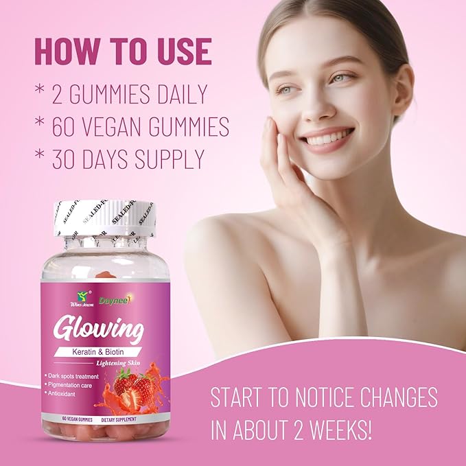 Skin Glowing Gummies, Contains Keratin & Bioth, Lightening Skin, Dark Spots, Pigmentation Care, Antioxidant, 60 Count