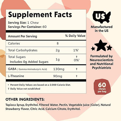 PYM Berry Mood Chews Support for Stress, Worry & Overwhelm, 60 Count | 130mg GABA, 90mg L-Theanine | Vegan,Non-GMO, Gluten-Free,No Added Sugar | All-Natural Mood Balance Supplement in Resealable Bag