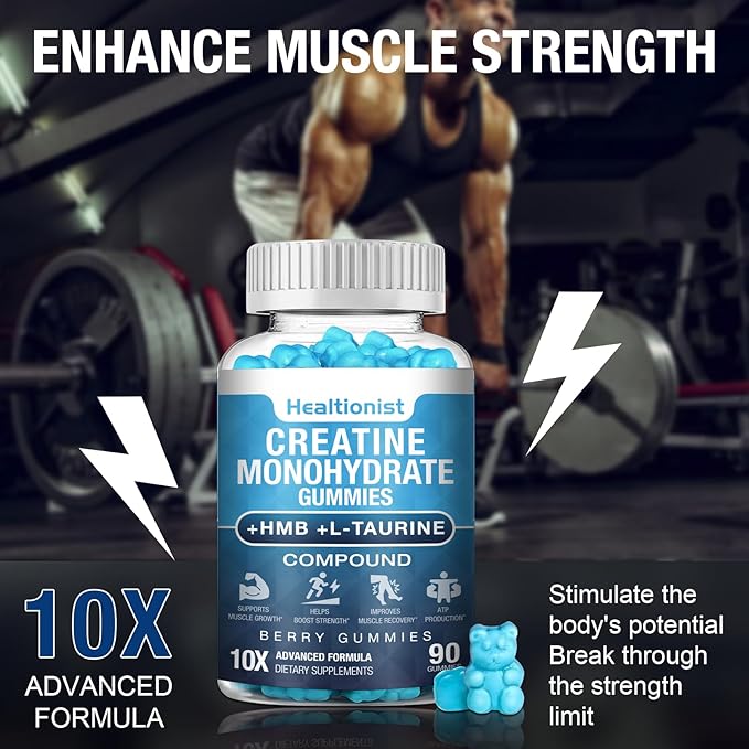 2 Pack 8000MG Creatine HMB Monohydrate Gummies for Men & Women,L-Carnitine, L-Taurine & Vitamin B6 12, 180 Blueberry Flavor Counts Supplement Gummies (60-Day Supply)