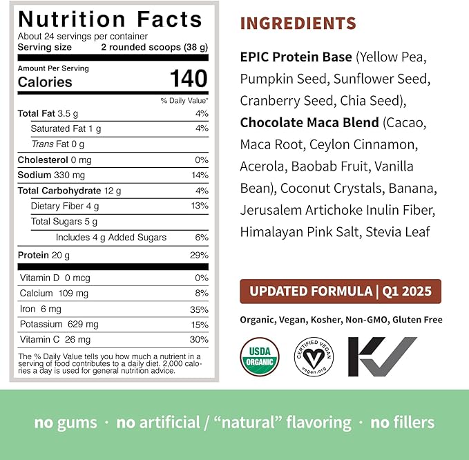 Sprout Living Epic Protein, Plant Based Protein & Superfoods Powder, Chocolate Maca Powder | 20 Grams Organic Protein Powder, Vegan, Non Dairy, Non-GMO, Gluten Free, Low Sugar (2 Pound, 24 Servings)