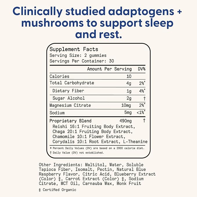 SuperMush Sleep Gummies for Adults - Mushroom Supplement with Magnesium Citrate, L-Theanine, Chaga, Reishi & Chamomile for Deep Sleep, REM & Detox - Vegan & Sugar-Free - 60 Gummies (30 Servings)