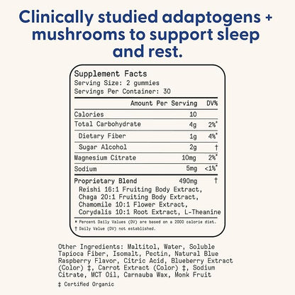 SuperMush Sleep Gummies for Adults - Mushroom Supplement with Magnesium Citrate, L-Theanine, Chaga, Reishi & Chamomile for Deep Sleep, REM & Detox - Vegan & Sugar-Free - 60 Gummies (30 Servings)
