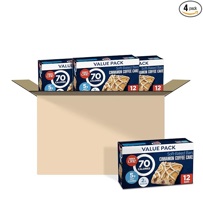 Fiber One 70 Calorie Soft-Baked Bars, Cinnamon Coffee Cake, Value Pack, 12 Bars, 10.6 oz (Pack of 4)