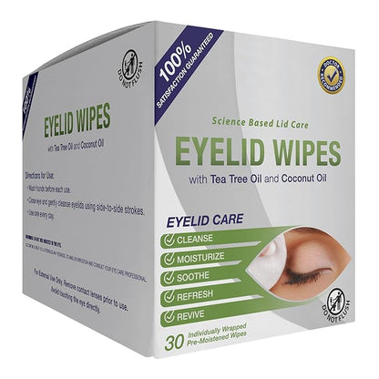 Lunovus Premium Eyelid Wipes With Tea Tree and Coconut Oil - Cleansing Wipes for People Itchy Eyes - Individually Wrapped - Box Of 30 Natural Eye Wipes