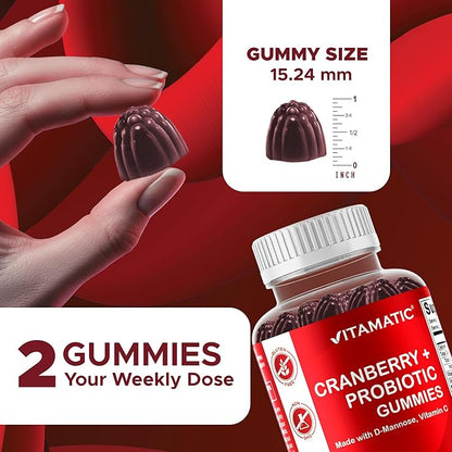 Vitamatic 2 Pack Cranberry Gummies with D-Mannose, Probiotics, Vitamin C – Plant-Based Botanical Extract – Vegan, Non-GMO – 60 Count