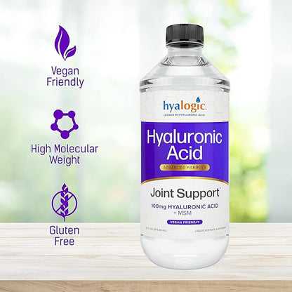 Hyalogic Hyaluronic Acid Liquid Supplement - 100mg High Molecular Weight Hyaluronic Acid for Joints, MSM Advanced Joint Support, Vegan Oral Hydration Formula, 12 oz