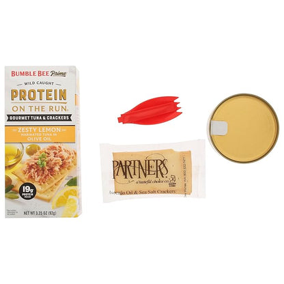 Bumble Bee Prime Protein on the Run Tuna Snack Kit - Gourmet Tuna Marinated in Olive Oil & Zesty Lemon with Crackers and Serving Utensil - 19g of Protein Per Serving, Easy Open Can