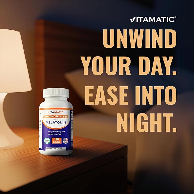 Vitamatic Advanced Sleep Aid with Melatonin - 120 Vegetable Capsules Made with B6, Magnesium, L-Theanine, L-Tryptophan, 5-HTP, GABA, Valerian, Chamomile, Passion Flower, Ashwagandha & Black Pepper