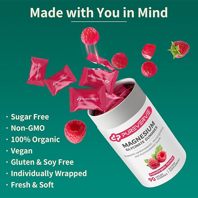 Magnesium Glycinate Gummies 300mg - 90 Count Individually Wrapped, Low-Allergy Formula, Supports Cardiovascular Health, Cognitive Function & Muscle-Bone Strength, Non-GMO, Gluten & Soy Free