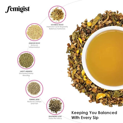 Femigist Balancing Brew Hormone Tea for Women, Loose Leaf Herbal Blend with Raspberry, Spearmint, Licorice, Nettle, PMS Relief, PCOS Cycle Support, Caffeine-Free Fennel Menstrual Cramp Tea