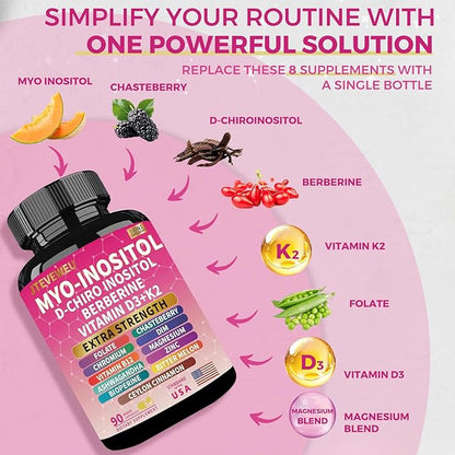 Myo Inositol Supplement - Women's All-in-One Supplement - with Myo-Inositol, D-Chiro Inositol & 13+ Extra Strength Ingredients -（90 Capsules）