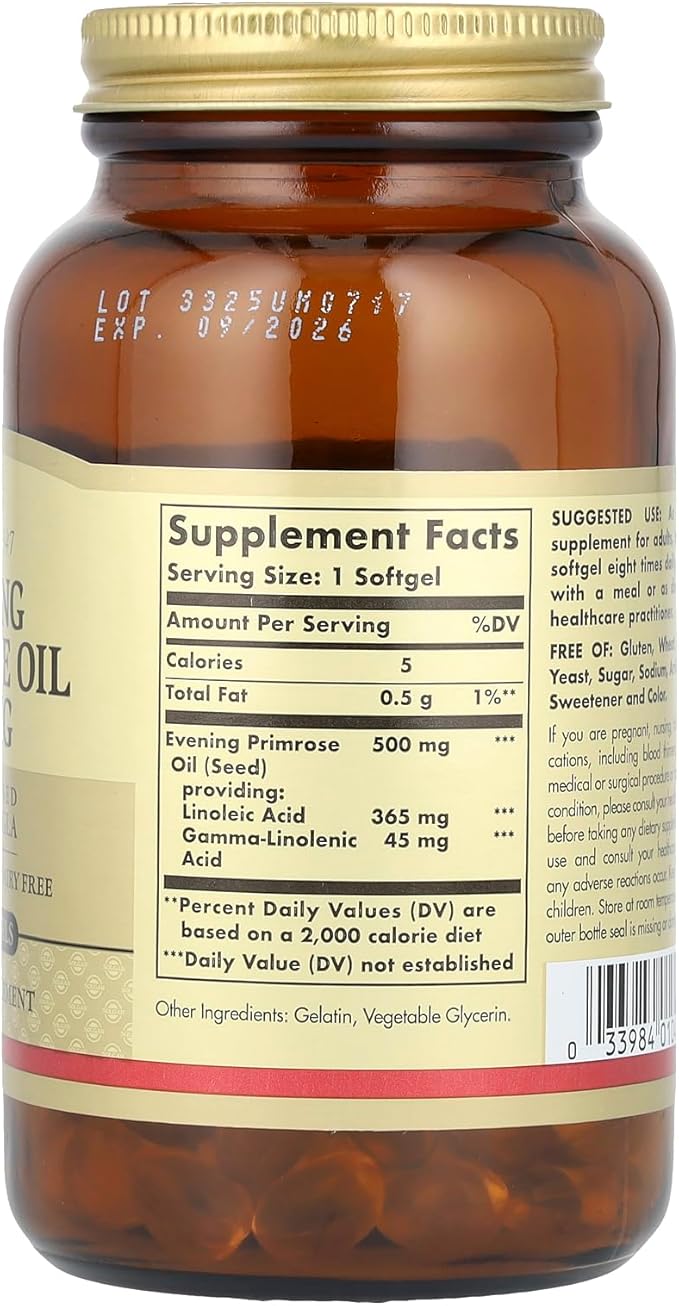 Solgar Evening Primrose Oil 500 mg, 180 Softgels - Promotes Healthy Skin & Cardiovascular Health - Nutritional Support for Women - Gluten Free, Dairy Free - 180 Servings
