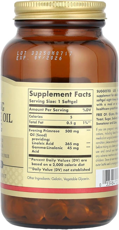 Solgar Evening Primrose Oil 500 mg, 180 Softgels - Promotes Healthy Skin & Cardiovascular Health - Nutritional Support for Women - Gluten Free, Dairy Free - 180 Servings