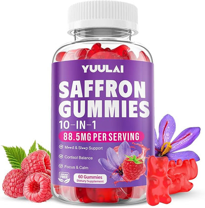 Saffron Gummies, 10-in-1 Saffron Supplements for Kids & Adults with 88.5mg Saffron Extract, for Emotions, Zzz, Sugar Free, Raspberry Flavor, 60 Count