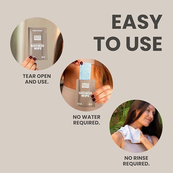 Super Fresh Shower Wipes Large Sandalwood Body Wipes for No Rinse Bathing Personal Hygiene Gym Travel or Camping Enriched with Aloe and Vitamin E 10 Individually Wrapped Disposable Sheets