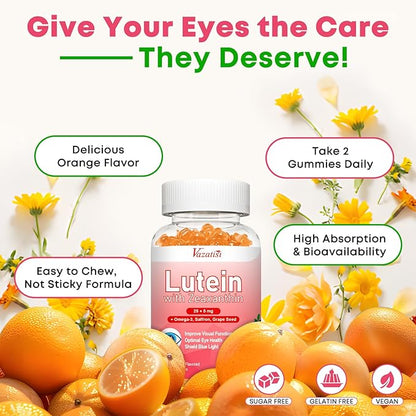 Lutein and Zeaxanthin Supplements Gummies, Advanced Eye Vitamin Supplement with Bilberry, Saffron, Grape Seed, Omega 3 for Macular Health, Dry Eye, Visual Function - Orange Flavor, 60 Count