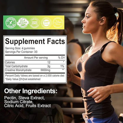 Creatine Monohydrate Gummies 5600mg for Men & Women, 120 CT Chewable Creatine Gummies for Muscle Support, Energy Boost, 5.6g of Creatine Monohydrate per Serving - Sugar Free, Vegan (Lemon Flavor)