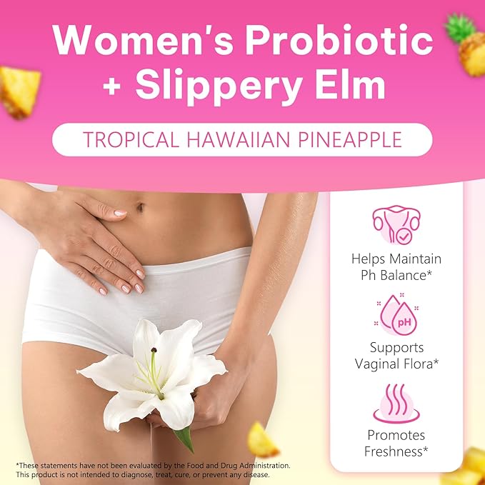 Feminine Probiotic Gummies with Slippery Elm, Pineapple Probiotics Gummies for Women PH Balance, Gut & Immune Support, Yeast Balance, Prebiotics & Lactobacillus Blend | Vegan & Sugar-Free, 60 Gummies