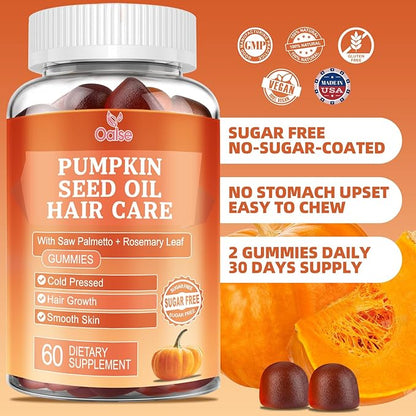 Pumpkin Seed Oil with Saw Palmetto Gummies, 3500mg Per Serving, Cold Pressed, with Rosemary Leaf, Zinc, Hydrolyzed Collagen Peptides, Pumpkin Seed Oil for Hair Growth, Vegan, 60 Counts