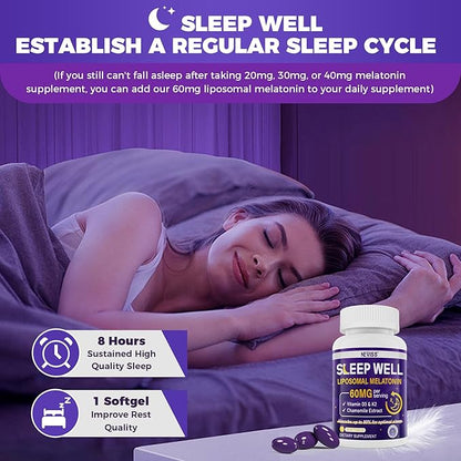 Melatonin 60mg for Adults High Dose, Supports Deep Rest & Brain Cognition, Extra Strength Liposomal Melatonin with Vitamin D3 K2, Chamomile, for Sound Zzz Cycle, Immune & Antioxidant, 150 Softgels