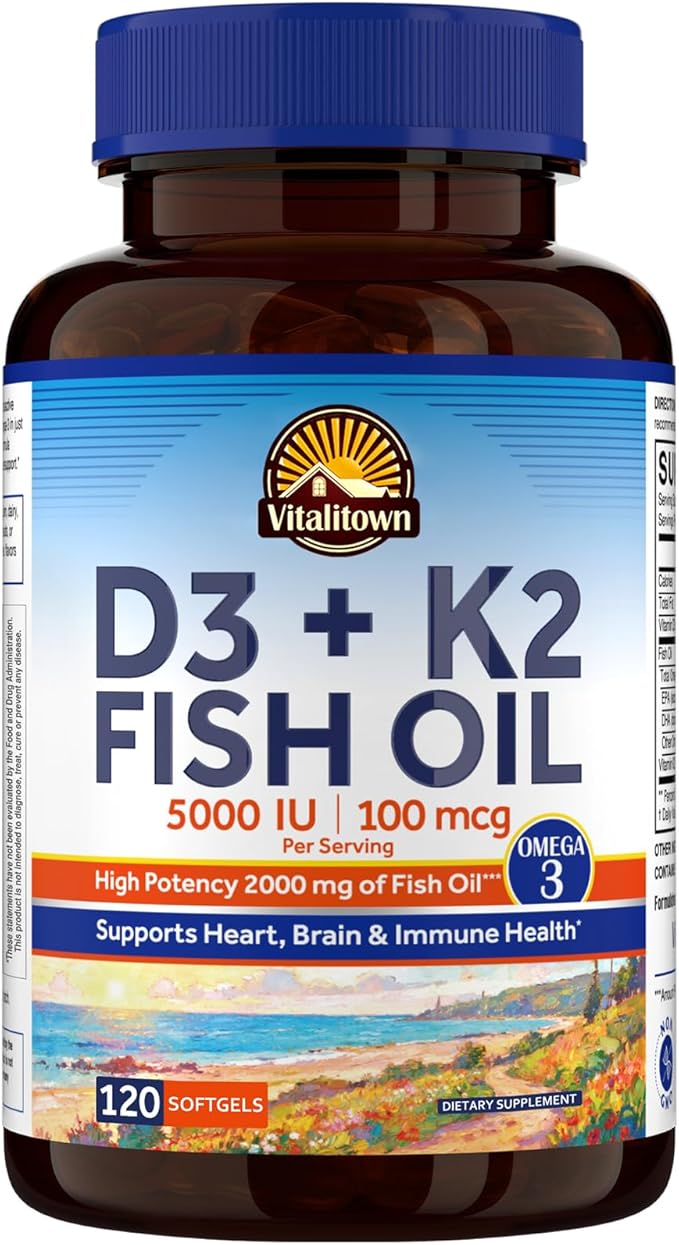 Vitalitown Vitamin D3 K2 with Fish Oil Omega-3 Supplements, 1000mg EPA DHA Omega 3 Fatty Acids from Fresh Wild Caught Fish, Support for Heart & Brain Health, 120 Softgels