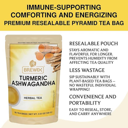 BREWIX, Turmeric Ashwagandha Herbal Tea (50 Pyramid Tea Bags) Adaptogenic Herbs for Stress & Mood Support | Evening Calm & Sleep Support | Real Ingredients From India, Caffeine Free & Naturally Gluten Free