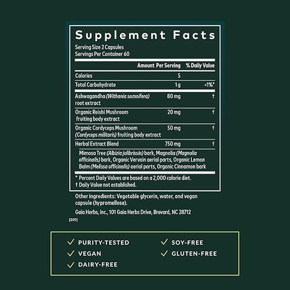 Gaia Herbs Adrenal Health Nightly Restore - Herbal Supplement with Ashwagandha, Magnolia Bark, Cordyceps, Lemon Balm & More* - 120 Vegan Liquid Phyto-Caps (60 Servings)