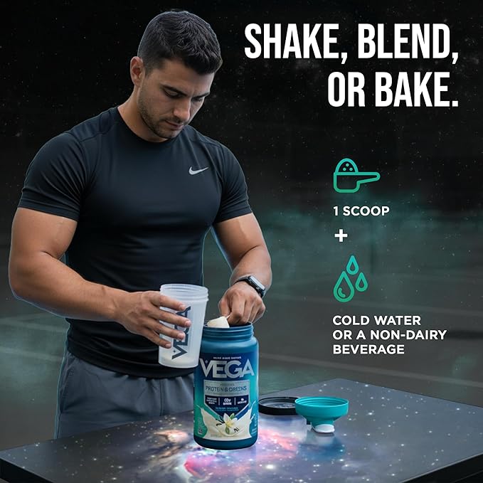 Vega Premium Protein + Supergreens - 20g Protein, Creamy Vanilla, 25 Servings, Spinach,Kale, Alfalfa Grass, Broccoli, 0g Added Sugar, Non-GMO, Gluten Free, Dairy Free, 1.68 lbs (Packaging May Vary)