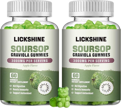 lickshine 2 Pack Soursop Graviola Gummies - 3000mg Extra Strength Soursop Leaves Supplement with Vitamin C, Zinc - Digestive Aid, Immune Support & Antioxidant - Sugar-Free, Non-GMO, Vegan, 120 Counts