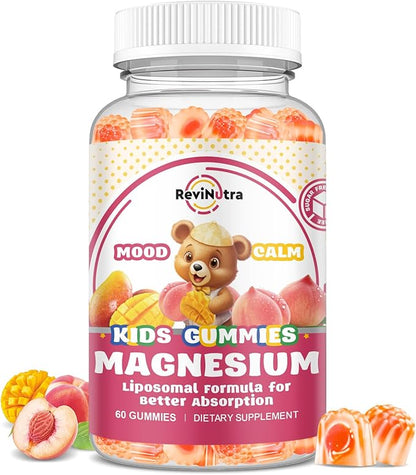 Liposomal Kids Magnesium Gummies- Magnesium Glycinate Gummies for Kids Supplement-w/Omega-3, Vitamin B6, D3- Support Calm Stress Relief, Bones, Mood, Peach & Mango Flavor, 60 Count